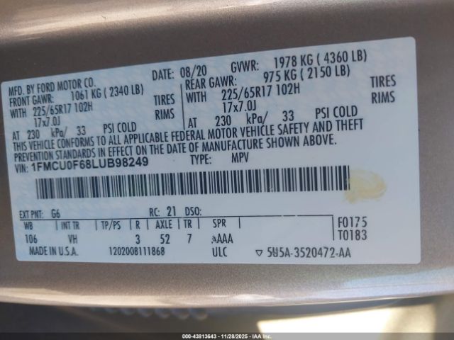 2020 FORD ESCAPE 1FMCU0F68LUB98249 Photo 8