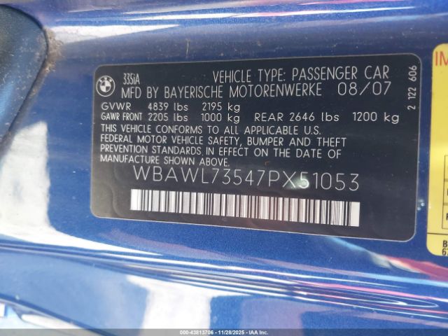 2007 BMW 335I WBAWL73547PX51053 Photo 8