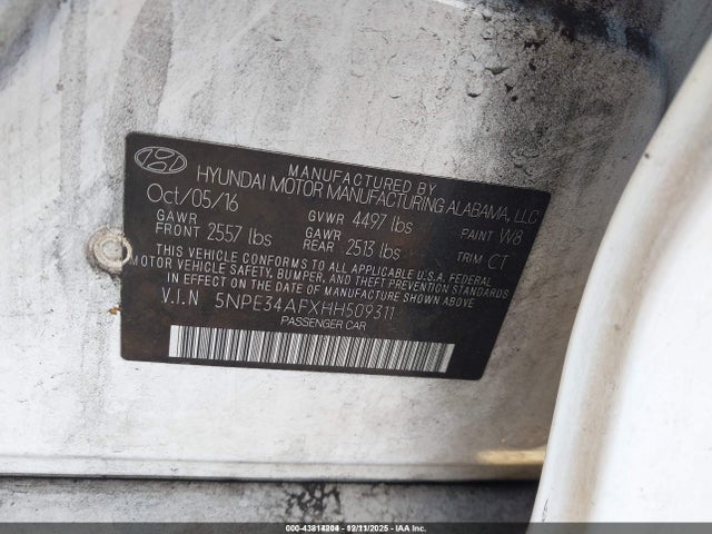 2017 Hyundai Sonata Sport მანქანა იყიდება აუქციონზე, vin: 5NPE34AFXHH509311, აუქციონის ნომერი: 43814204