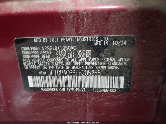 43814246 :رقم المزاد ، JF1GPAC66FH205256 vin ، 2015 Subaru Impreza 2.0i Premium مزاد بيع