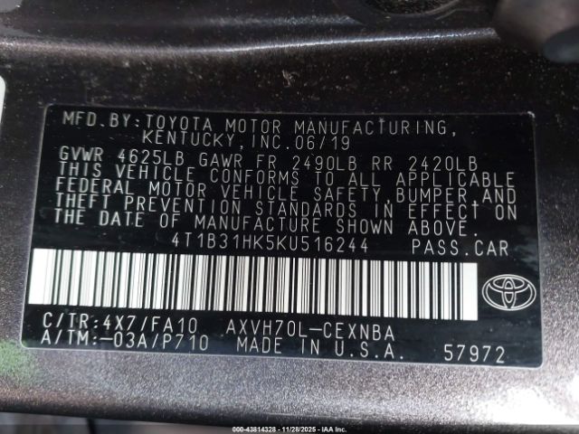 2019 TOYOTA CAMRY HYBRID 4T1B31HK5KU516244 Photo 8