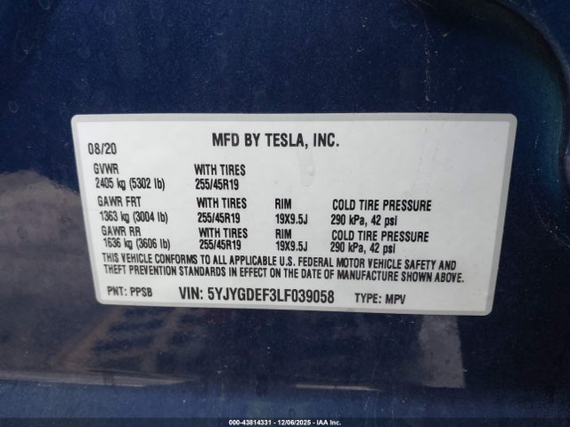 2020 TESLA MODEL Y 5YJYGDEF3LF039058 Photo 8