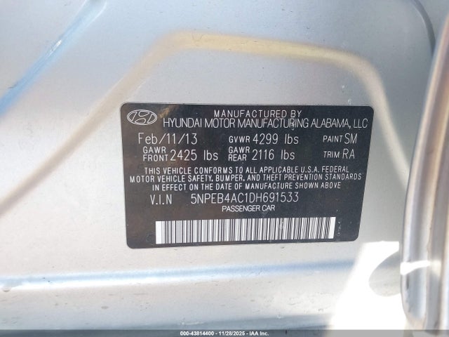 2013 Hyundai Sonata Gls მანქანა იყიდება აუქციონზე, vin: 5NPEB4AC1DH691533, აუქციონის ნომერი: 43814400