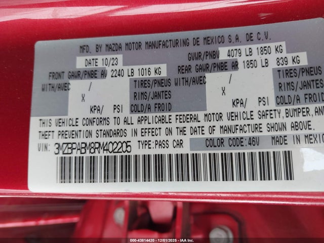 Aukcja sprzedaży 2024 Mazda Mazda3 2.5 S Select Sport, vin: 3MZBPABM8RM402205, numer aukcji: 43814420