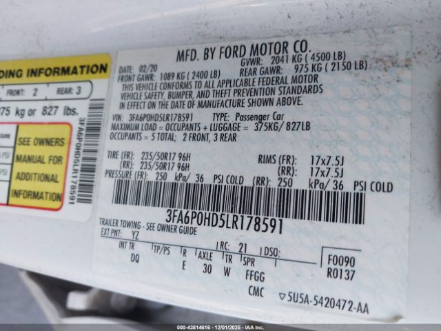 2020 FORD FUSION 3FA6P0HD5LR178591 Photo 8