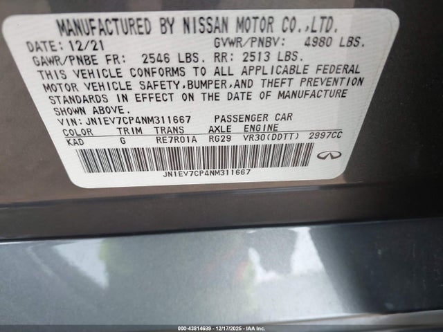 Продаж на аукціоні авто 2022 Infiniti Q50 Sensory, vin: JN1EV7CP4NM311667, номер лоту: 43814689