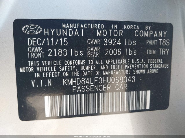 KMHD84LF3HU068343 Hyundai Elantra Limited