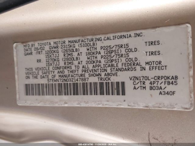 2003 TOYOTA TACOMA 5TEWN72N03Z147887 Photo 8