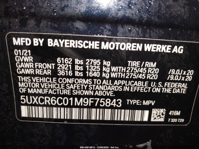 Aukcja sprzedaży 2021 Bmw X5 Xdrive40i, vin: 5UXCR6C01M9F75843, numer aukcji: 43814913