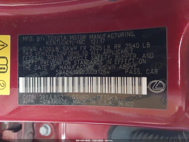 Продаж на аукціоні авто 2018 Lexus Es 350, vin: 58ABK1GG0JU091264, номер лоту: 43814928