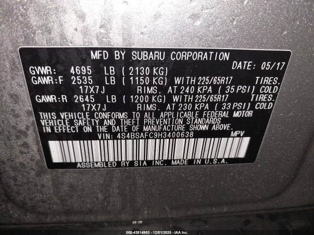 Subaru Outback 2.5i Premium 2017 4S4BSAFC9H3400638 Image 9