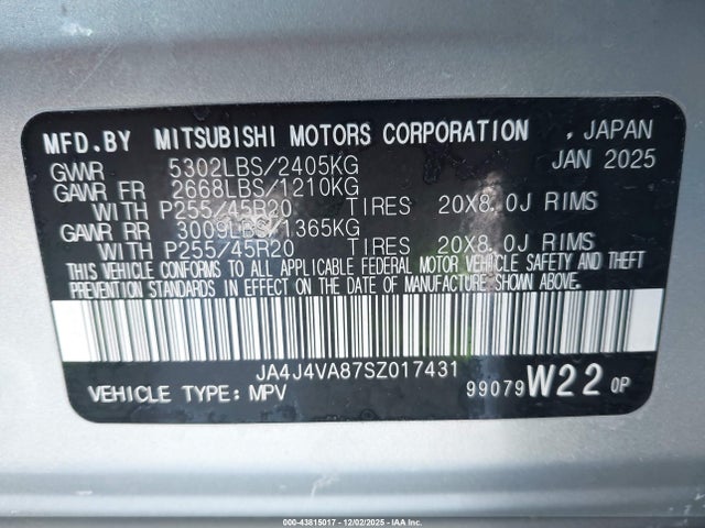 2025 MITSUBISHI OUTLANDER JA4J4VA87SZ017431 Photo 8