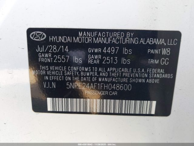 2015 HYUNDAI SONATA 5NPE24AF1FH048600 Photo 8