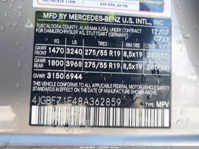 Aukcja sprzedaży 2008 Mercedes-benz Gl 450 4matic, vin: 4JGBF71E48A362859, numer aukcji: 43815074