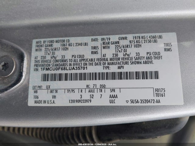 1FMCU0F68LUA35701 Ford ESCAPE S