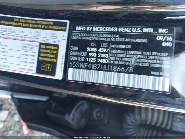 Aukcja sprzedaży 2017 Mercedes-benz C 300, vin: 55SWF4JB7HU186678, numer aukcji: 43815329