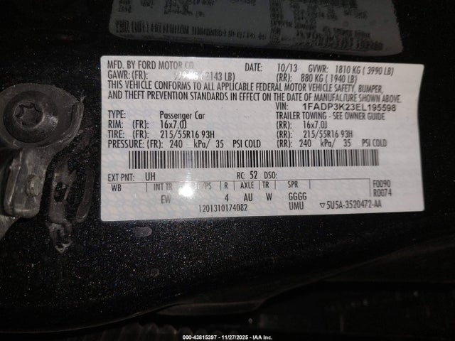 43815397 :رقم المزاد ، 1FADP3K23EL195598 vin ، 2014 Ford Focus Se مزاد بيع