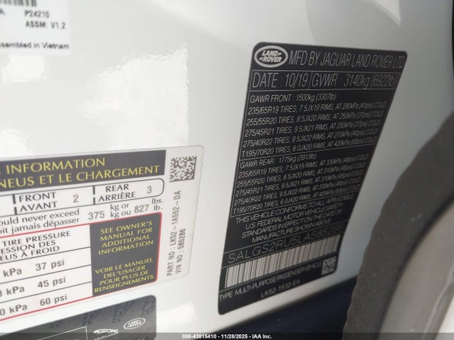 Продаж на аукціоні авто 2020 Land Rover Range Rover Hse, vin: SALGS2RU5LA585286, номер лоту: 43815410