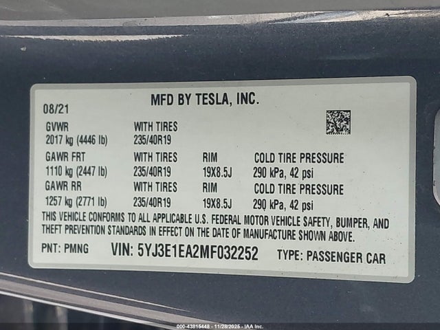 2021 TESLA MODEL 3 5YJ3E1EA2MF032252 Photo 8