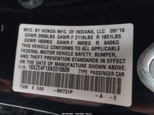 2019 HONDA INSIGHT 19XZE4F1XKE010609 Photo 8