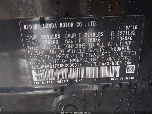 2017 Acura Rlx მანქანა იყიდება აუქციონზე, vin: JH4KC1F96HC000315, აუქციონის ნომერი: 43815585