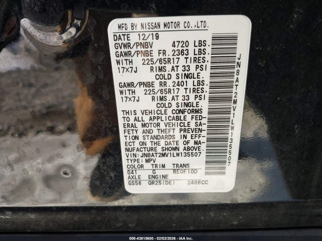 43815600 :رقم المزاد ، JN8AT2MV1LW135507 vin ، 2020 Nissan Rogue Sv Intelligent Awd مزاد بيع