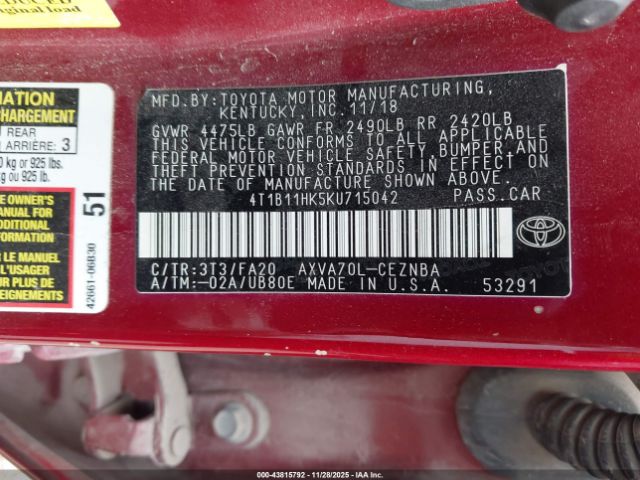 2019 TOYOTA CAMRY 4T1B11HK5KU715042 Photo 8