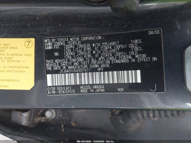 43815888 :رقم المزاد ، JTJGA31U540007611 vin ، 2004 Lexus 330rx مزاد بيع