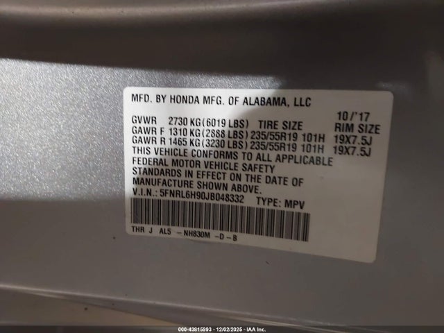 Aukcja sprzedaży 2018 Honda Odyssey Elite, vin: 5FNRL6H90JB048332, numer aukcji: 43815993