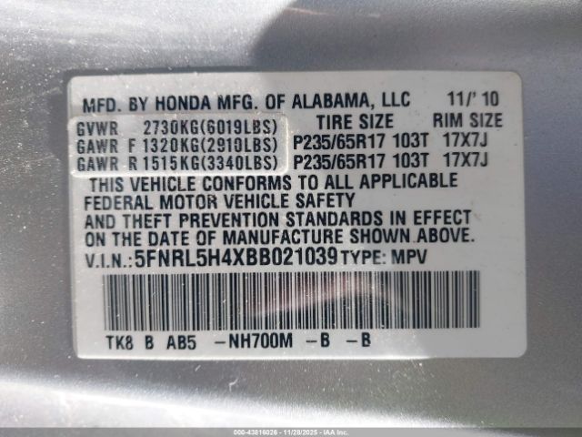 2011 HONDA ODYSSEY 5FNRL5H4XBB021039 Photo 8