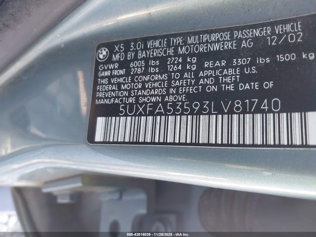 43816039 :رقم المزاد ، 5UXFA53593LV81740 vin ، 2003 Bmw X5 3.0i مزاد بيع