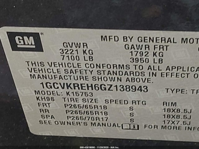 1GCVKREH6GZ138943 Chevrolet Silverado 1500 2lt