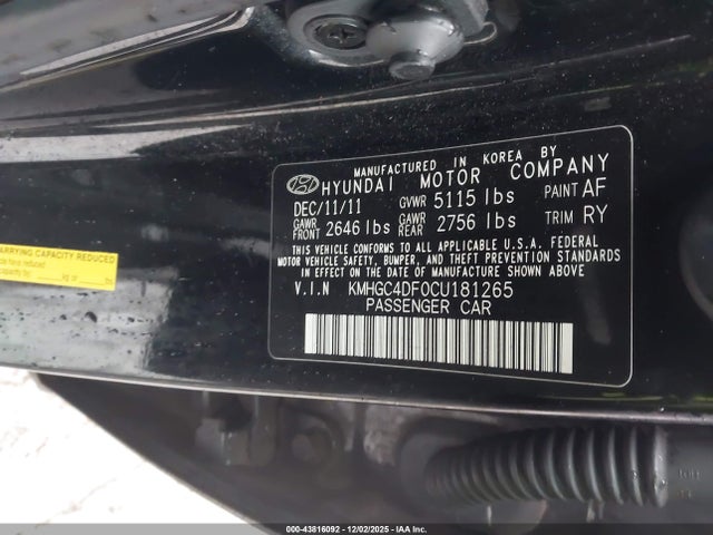 43816092 :رقم المزاد ، KMHGC4DF0CU181265 vin ، 2012 Hyundai Genesis 4.6 مزاد بيع