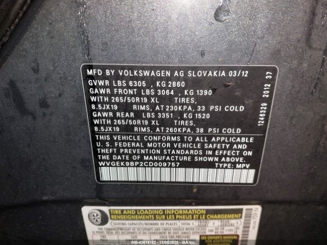 2012 VOLKSWAGEN TOUAREG WVGEK9BP2CD009757 Photo 8
