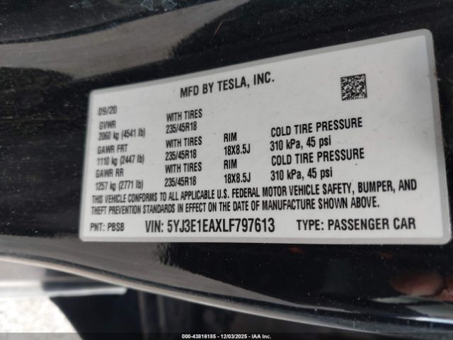 2020 TESLA MODEL 3 5YJ3E1EAXLF797613 Photo 8
