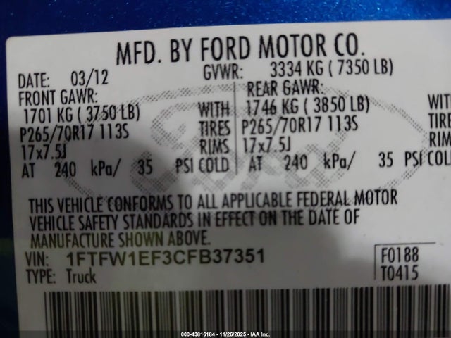 Aukcja sprzedaży 2012 Ford F-150 Xlt, vin: 1FTFW1EF3CFB37351, numer aukcji: 43816184