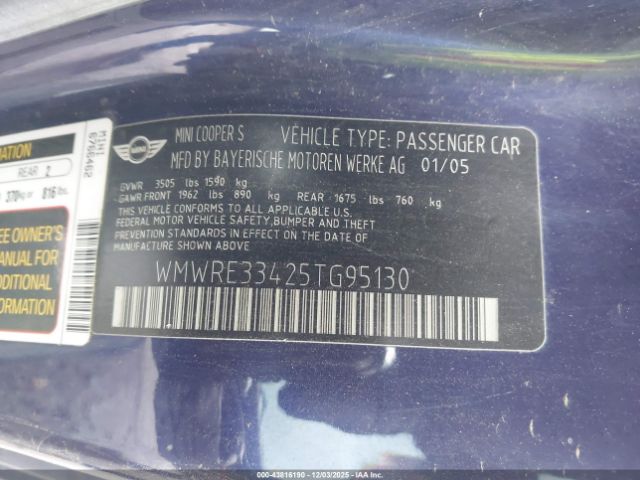2005 MINI COOPER S WMWRE33425TG95130 Photo 8