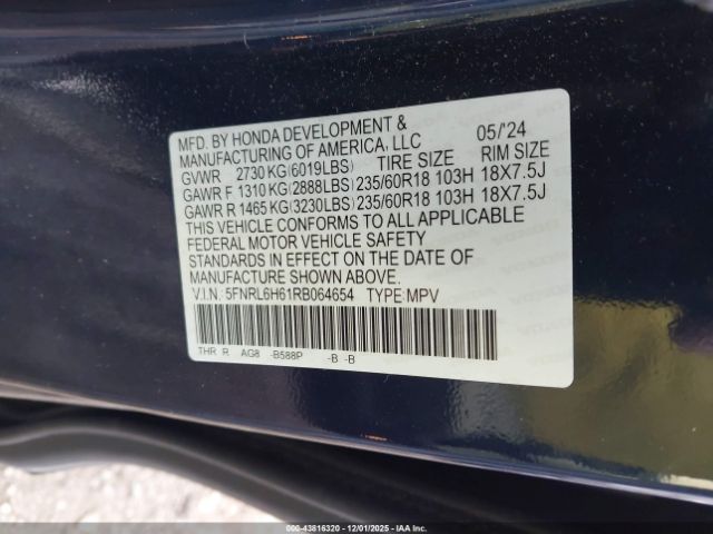 2024 HONDA ODYSSEY 5FNRL6H61RB064654 Photo 8