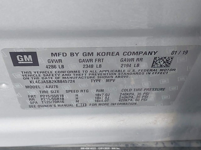 Aukcja sprzedaży 2019 Buick Encore Fwd Preferred, vin: KL4CJASB2KB845724, numer aukcji: 43816323