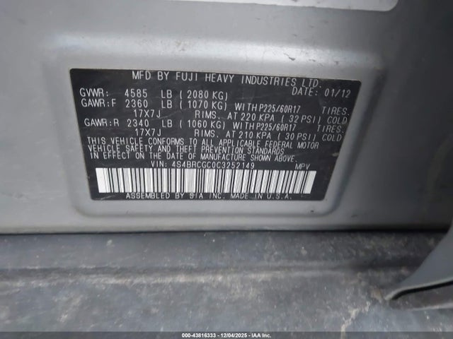 2012 Subaru Outback 2.5i Premium მანქანა იყიდება აუქციონზე, vin: 4S4BRCGC0C3252149, აუქციონის ნომერი: 43816333