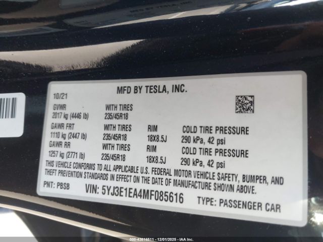 2021 TESLA MODEL 3 5YJ3E1EA4MF085616 Photo 8