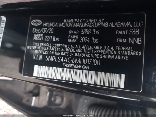 43816514 :رقم المزاد ، 5NPLS4AG6MH017100 vin ، 2021 Hyundai Elantra Sel مزاد بيع