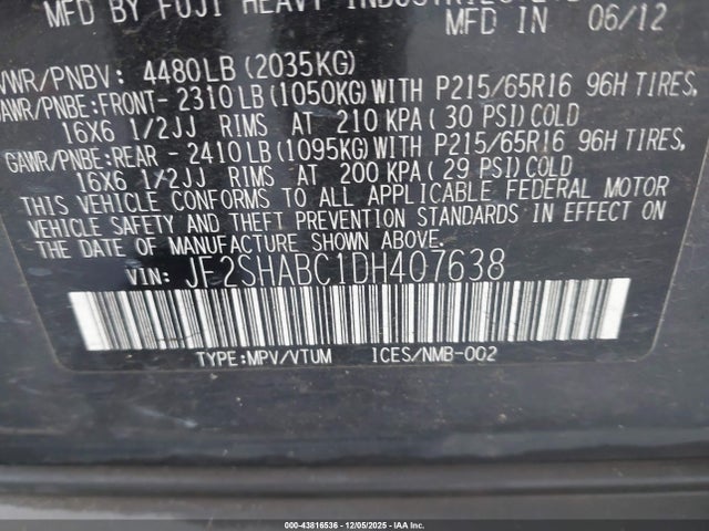 43816536 :رقم المزاد ، JF2SHABC1DH407638 vin ، 2013 Subaru Forester 2.5x مزاد بيع