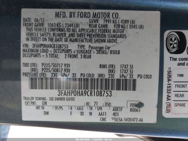 2012 FORD FUSION 3FAHP0HA9CR108753 Photo 8