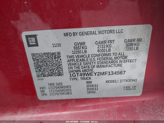 Aukcja sprzedaży 2021 Gmc Sierra 3500hd 4wd  Long Bed Denali, vin: 1GT49WEY2MF134567, numer aukcji: 43816669
