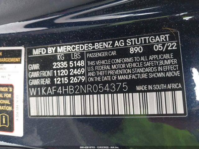 Auction sale of the 2022 Mercedes-benz C 300 4matic, vin: W1KAF4HB2NR054375, lot number: 43816703