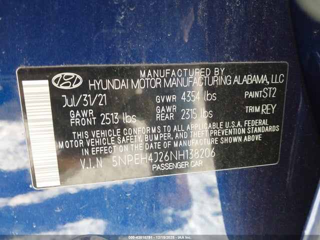 5NPEH4J26NH138206 Hyundai Sonata Limited