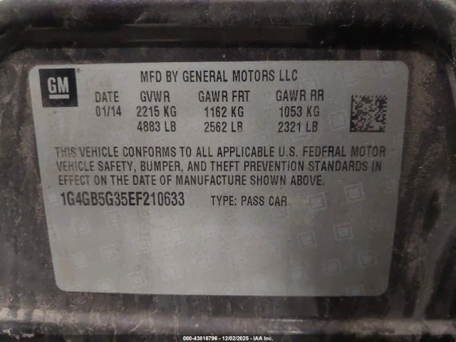 43816796 :رقم المزاد ، 1G4GB5G35EF210633 vin ، 2014 Buick Lacrosse مزاد بيع