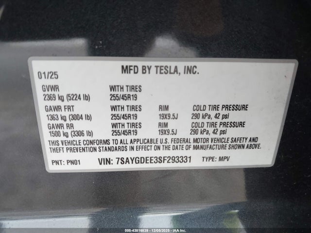 Продаж на аукціоні авто 2025 Tesla Model Y Long Range Dual Motor All-wheel Drive, vin: 7SAYGDEE3SF293331, номер лоту: 43816839