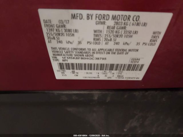 2017 FORD EXPLORER 1FM5K8F80HGC38795 Photo 8